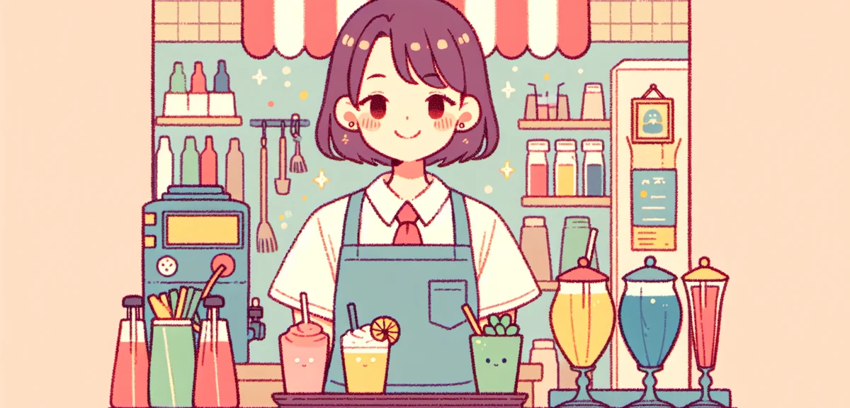 A Japanese high school student working a summer part-time job at a cafe, wearing an apron, serving d