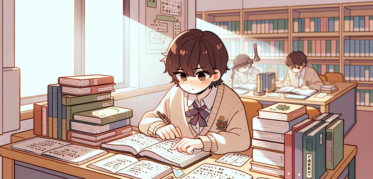 A Japanese high school student studying intensely at a library desk surrounded by reference books an