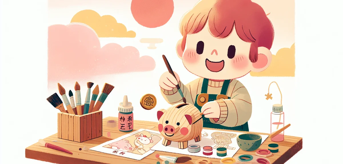 A child in elementary school happily assembling a small wooden piggy bank craft kit at a desk, with 