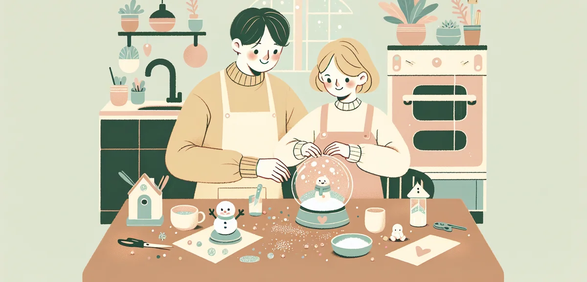 A parent and child working together on a snow globe craft kit at a kitchen table, with glitter and s