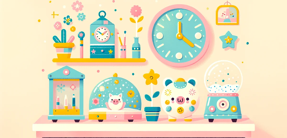 A completed set of children's craft projects displayed on a shelf: a painted clock, a decorated pigg