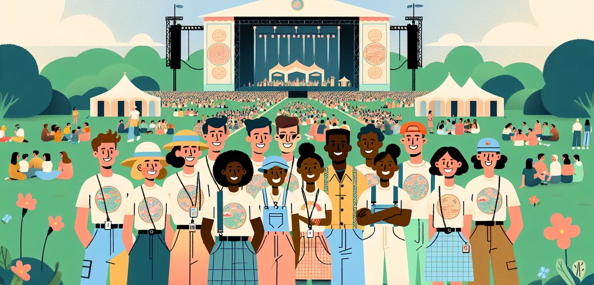 A group of young Japanese staff members wearing matching event staff T-shirts, working together at a