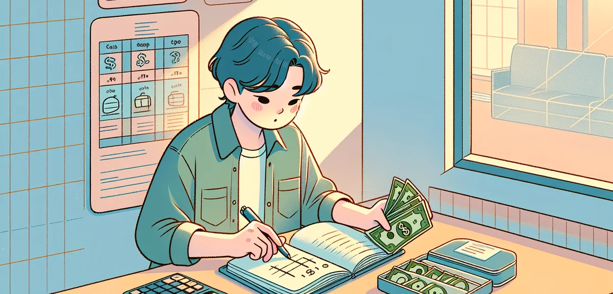 A Japanese university student carefully counting money and using a calculator at a desk with a noteb