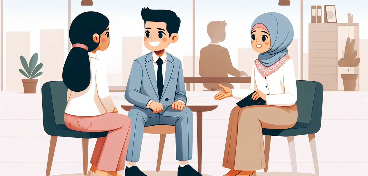 A Japanese university student in a job interview wearing smart casual clothes, confidently talking t