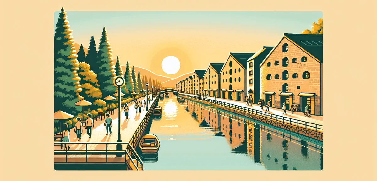 Beautiful Otaru Canal in Hokkaido during summer evening, stone warehouses reflected in calm water, w