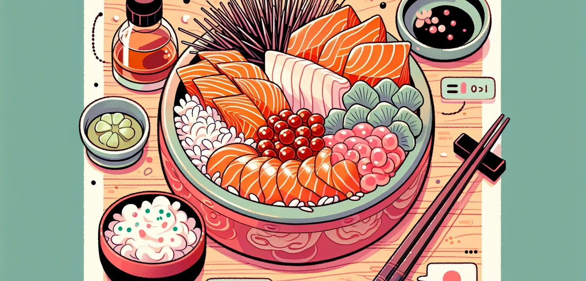 Delicious Hokkaido seafood bowl (kaisendon) with fresh salmon, sea urchin, ikura on rice, served at 