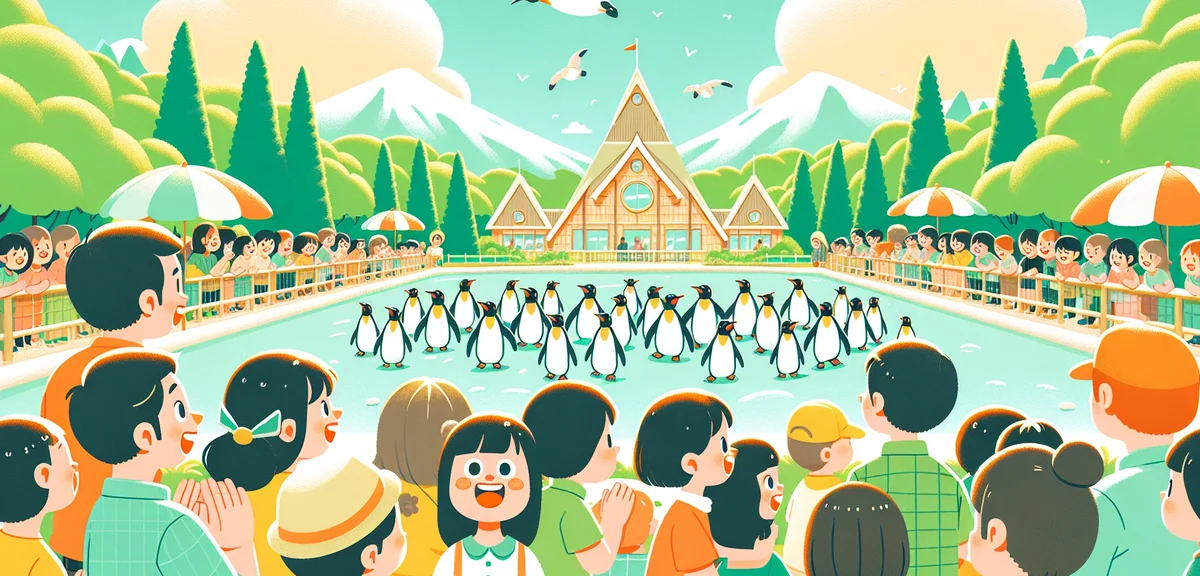 Asahiyama Zoo in Hokkaido summer, families watching penguins walking in parade, children excited, lu
