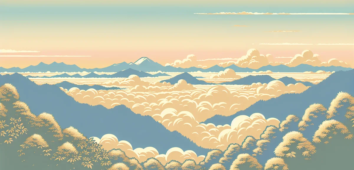 Dramatic sea of clouds (unkai) viewed from Tomamu terrace in Hokkaido early morning, golden sunrise 