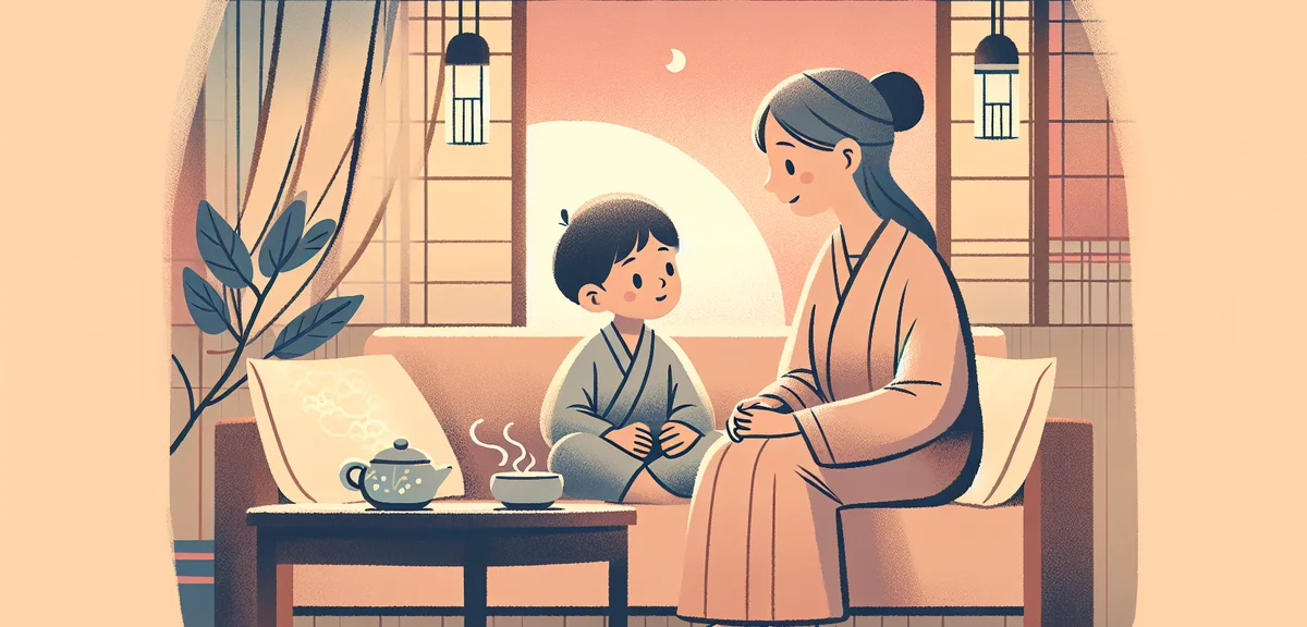 A Japanese parent and child sitting together on a sofa having a warm conversation, cups of tea on th