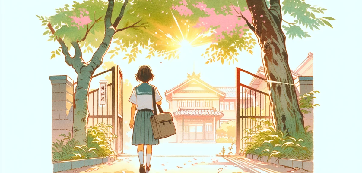 A Japanese student walking slowly toward a school gate on a late summer morning, slightly nervous bu