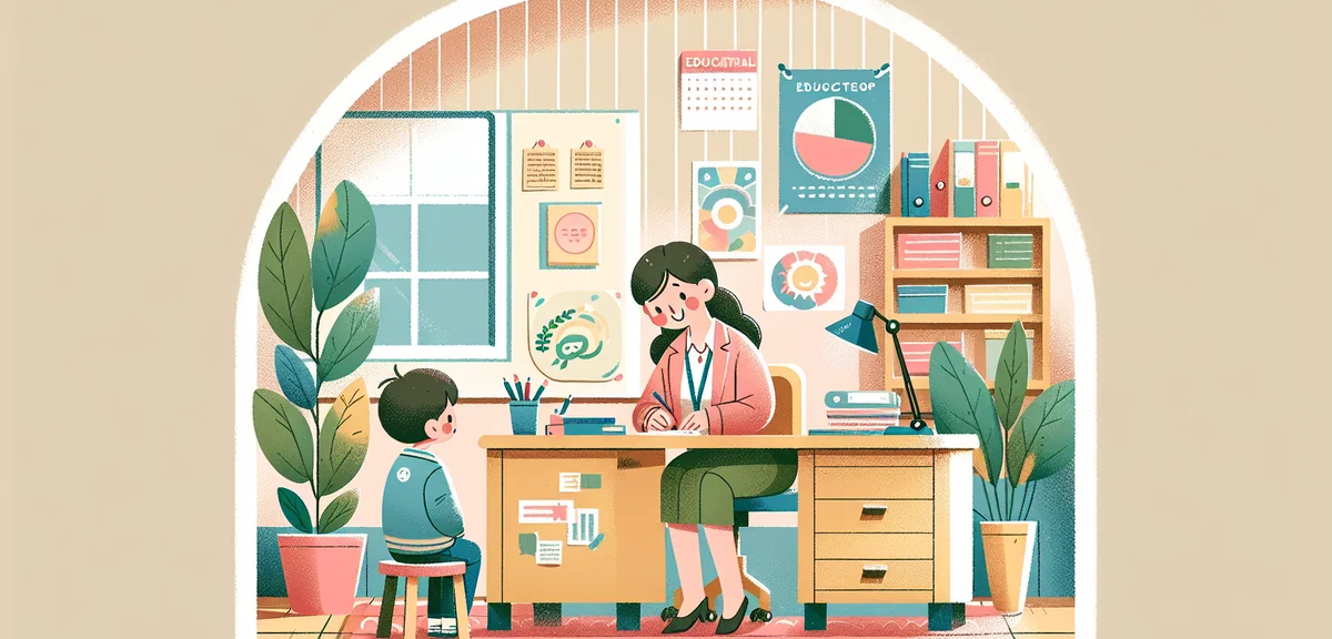 A Japanese school counselor office scene, a kind counselor talking with a student across a small des