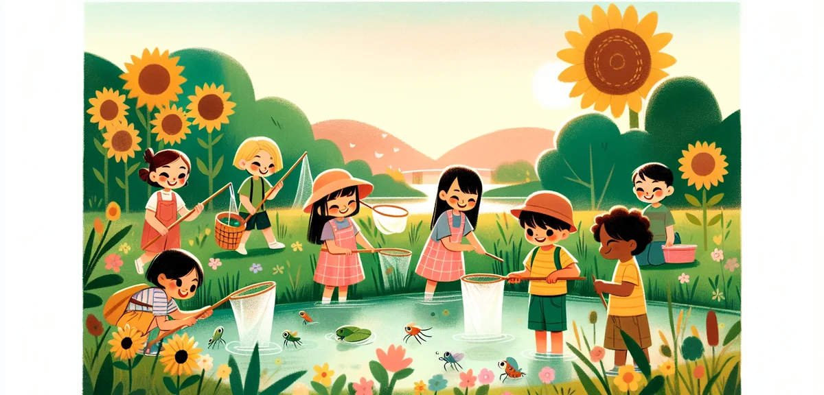 A watercolor illustration of children playing outdoors in summer, catching insects with nets near a