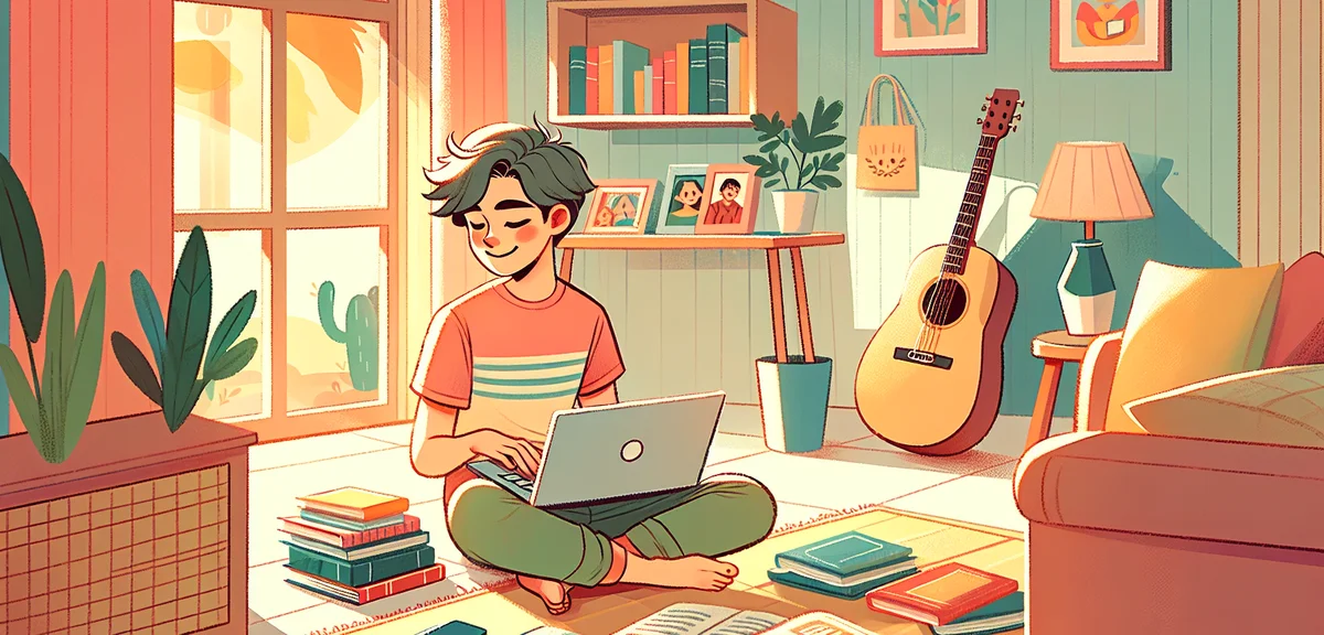 A cozy indoor scene illustration of a teenager enjoying summer hobbies at home, reading books, playi