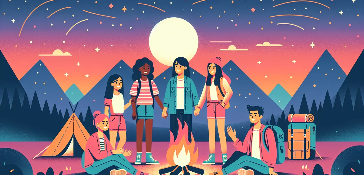 An illustration of university students on a summer adventure, camping under the stars with a bonfire