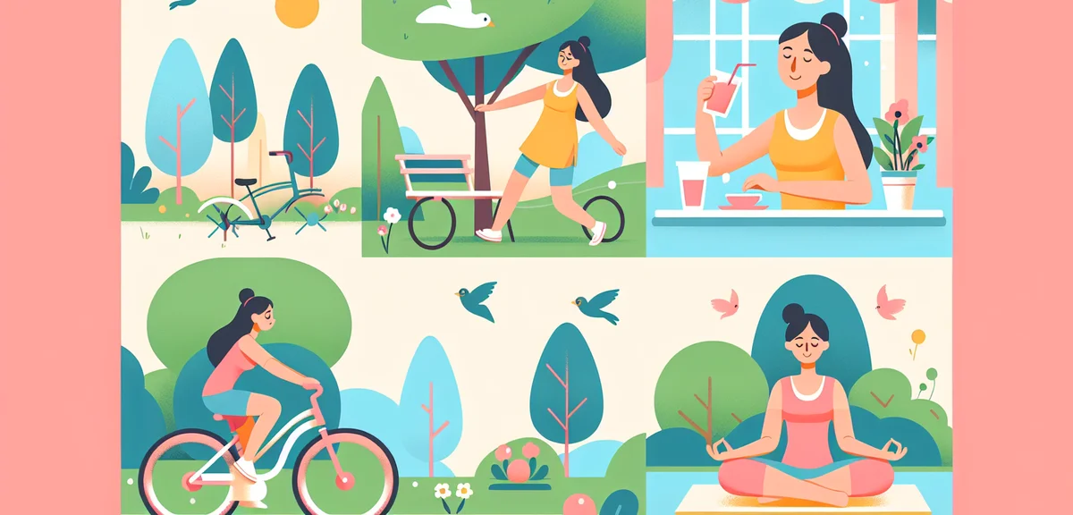 A relaxing illustration of an adult enjoying a summer weekend, visiting a local cafe, cycling throug