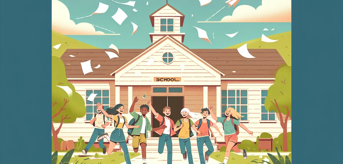 A cheerful watercolor illustration of American students celebrating the last day of school before su