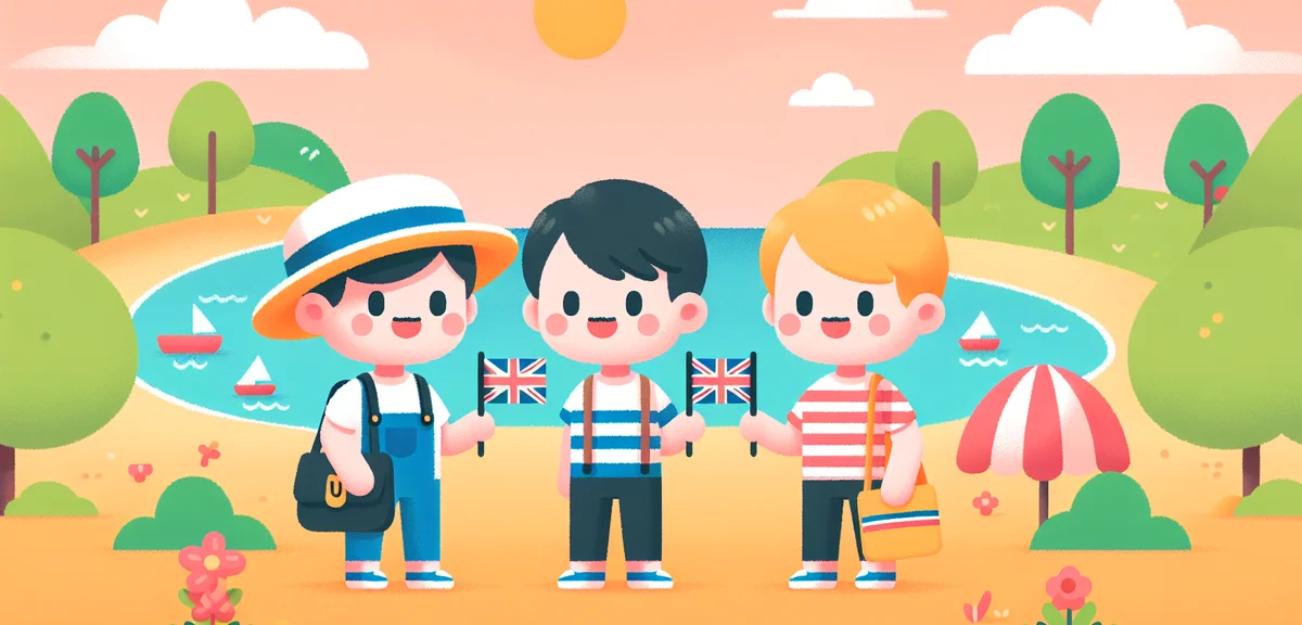 An illustration comparing British and American English with two cartoon characters having a friendly