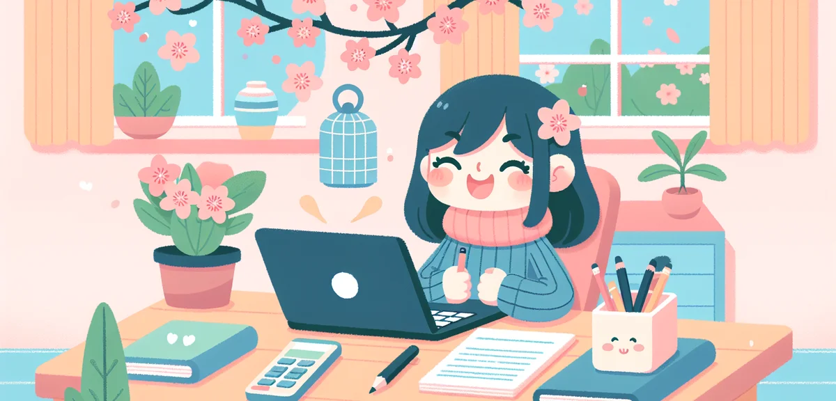 A warm illustration of a Japanese student writing an English email on a laptop, with cherry blossoms