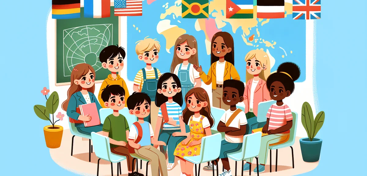 A colorful flat illustration of diverse international students in a classroom setting practicing Eng