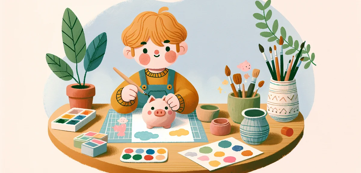 A child shaping a cute animal piggy bank from paper clay at a craft table, with paints and brushes n