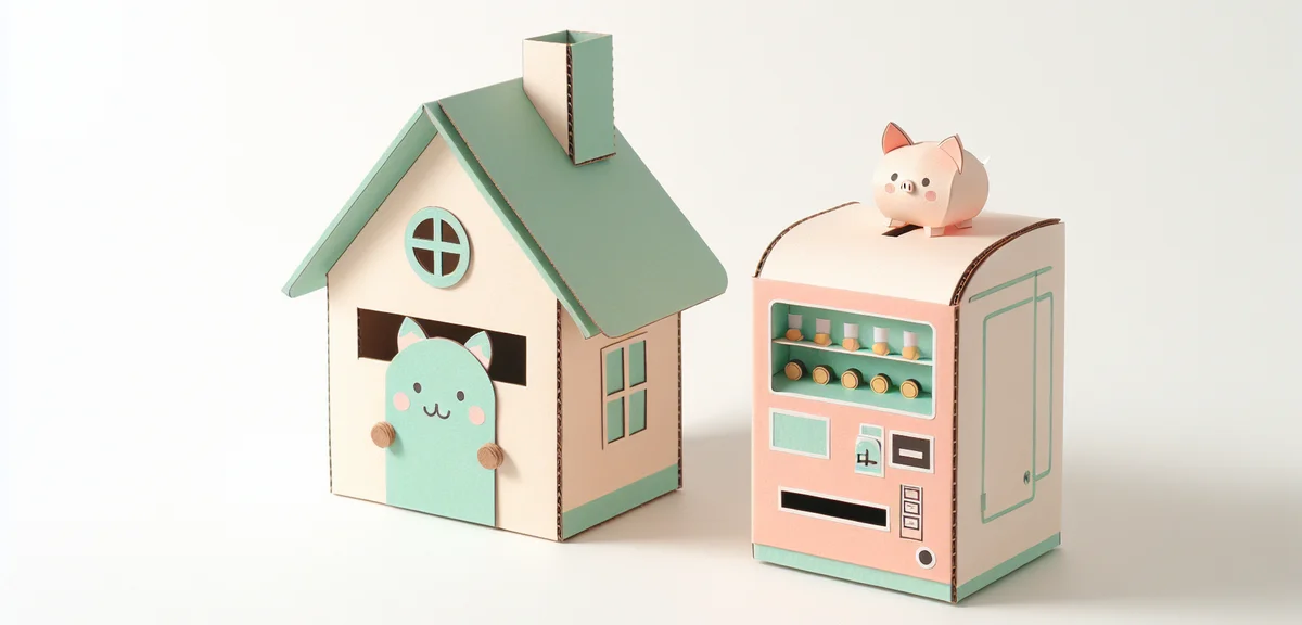 A handmade cardboard house-shaped piggy bank and a small cardboard vending machine piggy bank displa