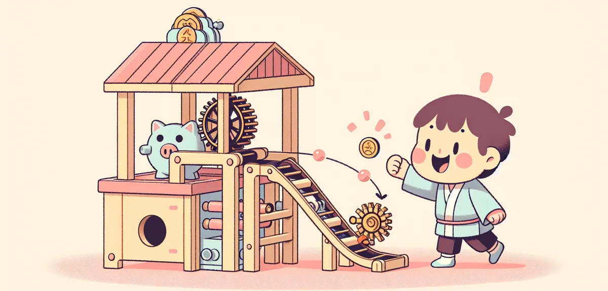 A child demonstrating a mechanical karakuri piggy bank where a coin rolls down a ramp and triggers a