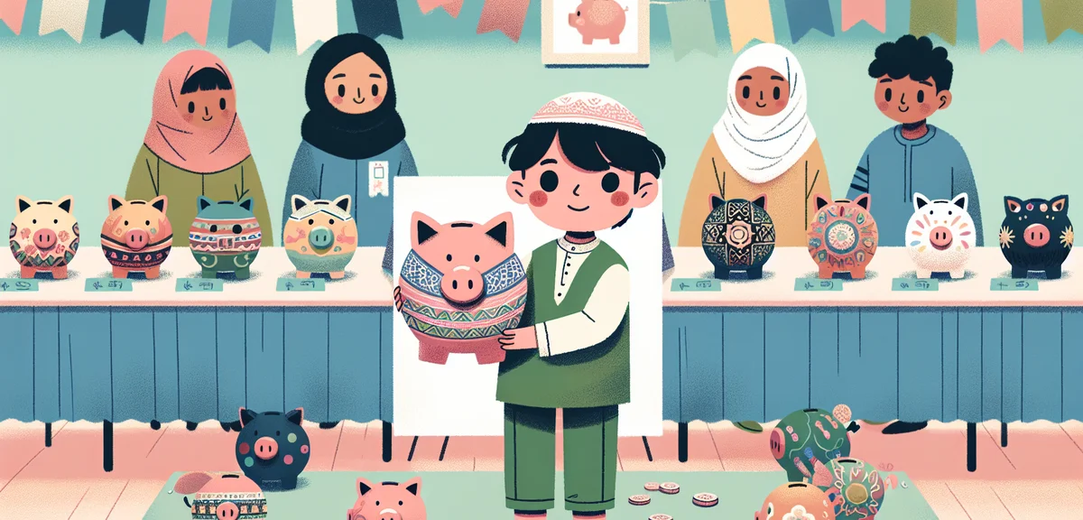 A proud child holding up a decorated piggy bank at a school craft exhibition, with other creative pi