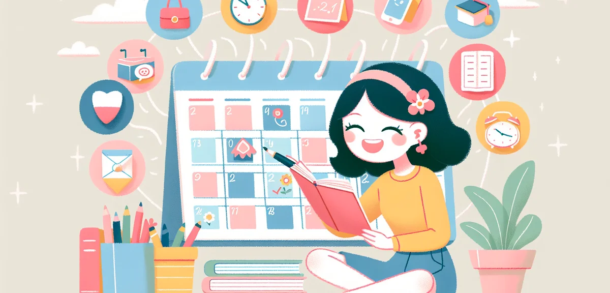 A cheerful illustration of a university student making a summer schedule on a large calendar, surrou
