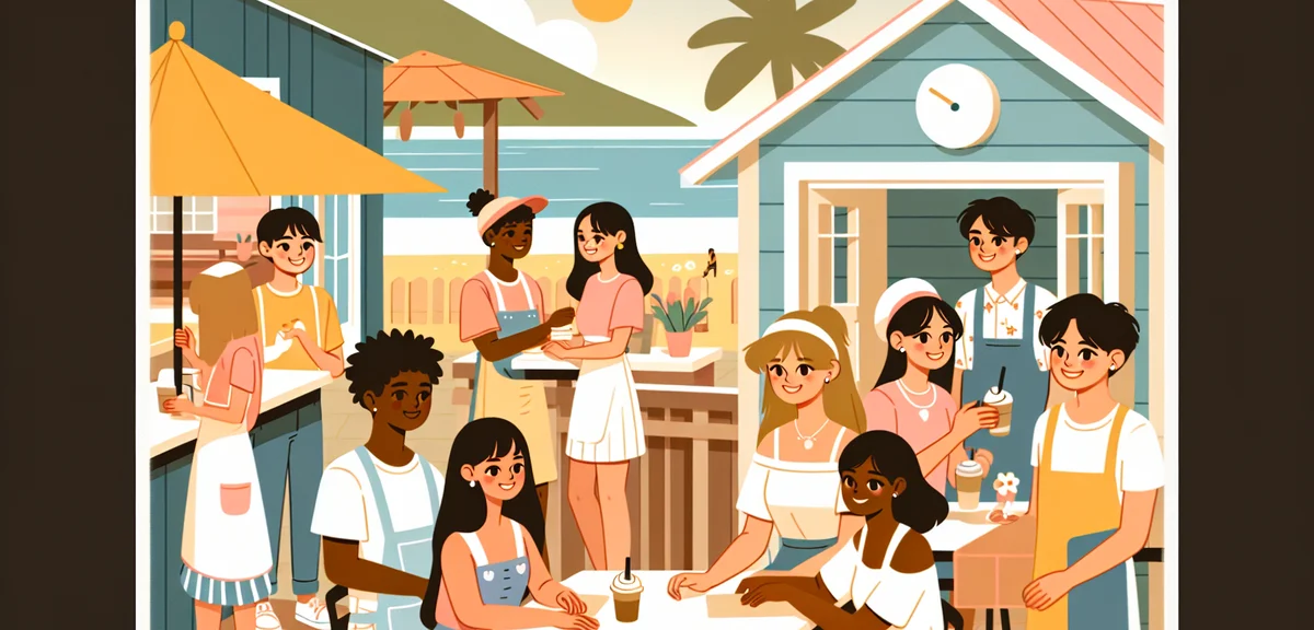 An illustration of young Japanese university students working part-time at a beach house and a cafe