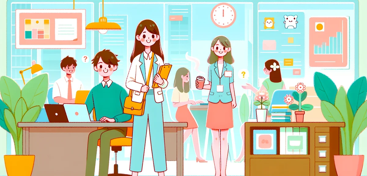 An illustration of a university student attending a summer internship at a modern office, profession