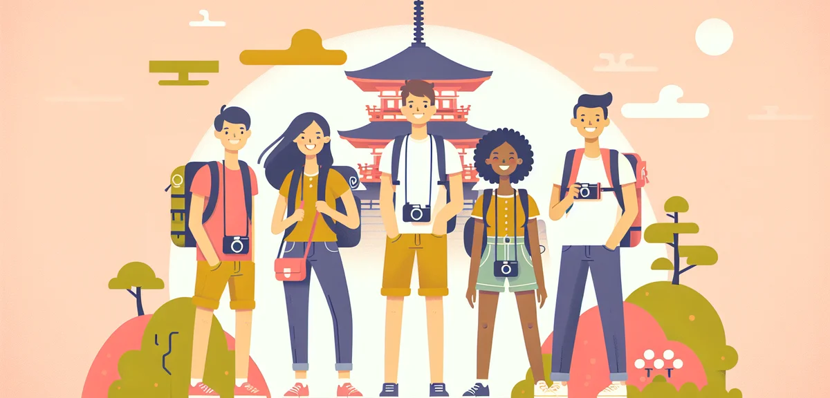 An illustration of university students traveling together in summer, visiting temples and scenic spo