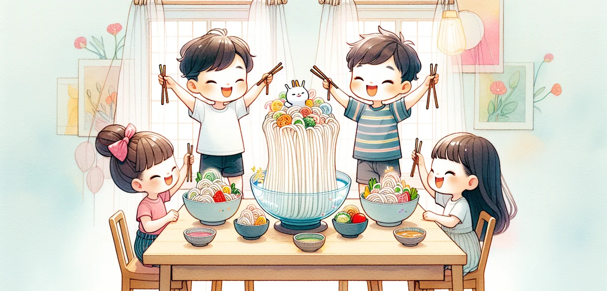 Japanese children happily eating cold somen noodles at a dining table during summer, glass bowls wit