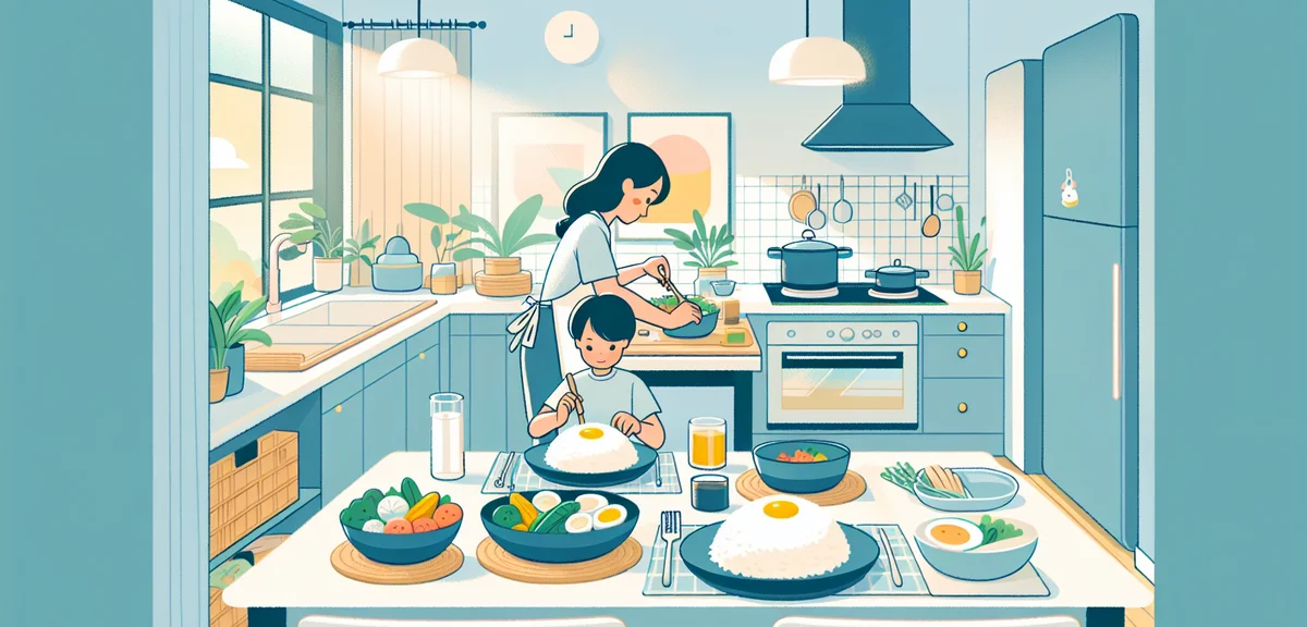 A Japanese parent quickly preparing a one-plate lunch in a modern kitchen, rice and colorful side di