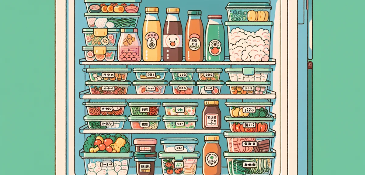 Neatly organized meal prep containers in a Japanese refrigerator, various prepared ingredients and s