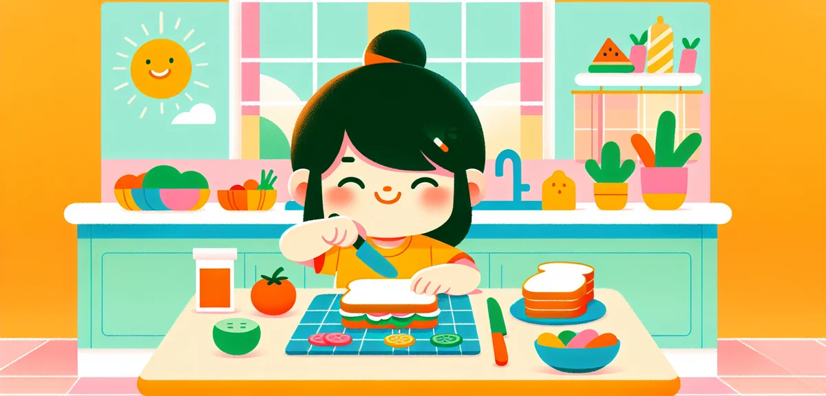 A Japanese child making a sandwich by themselves at a kitchen counter, bread and colorful ingredient