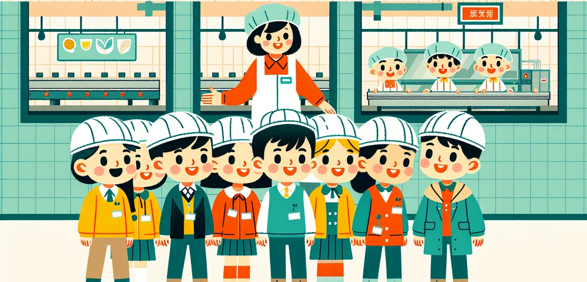 Japanese elementary school children wearing safety helmets touring a clean modern food factory with 