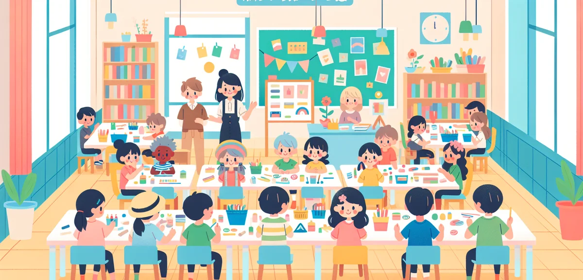 Japanese elementary school children sitting at tables in a bright public library community room, doi