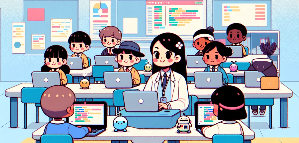 Japanese elementary school children learning programming on laptops and small robots in a modern cla