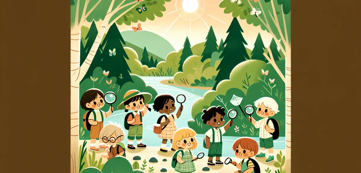 Japanese elementary school children exploring a forest stream with magnifying glasses and insect net