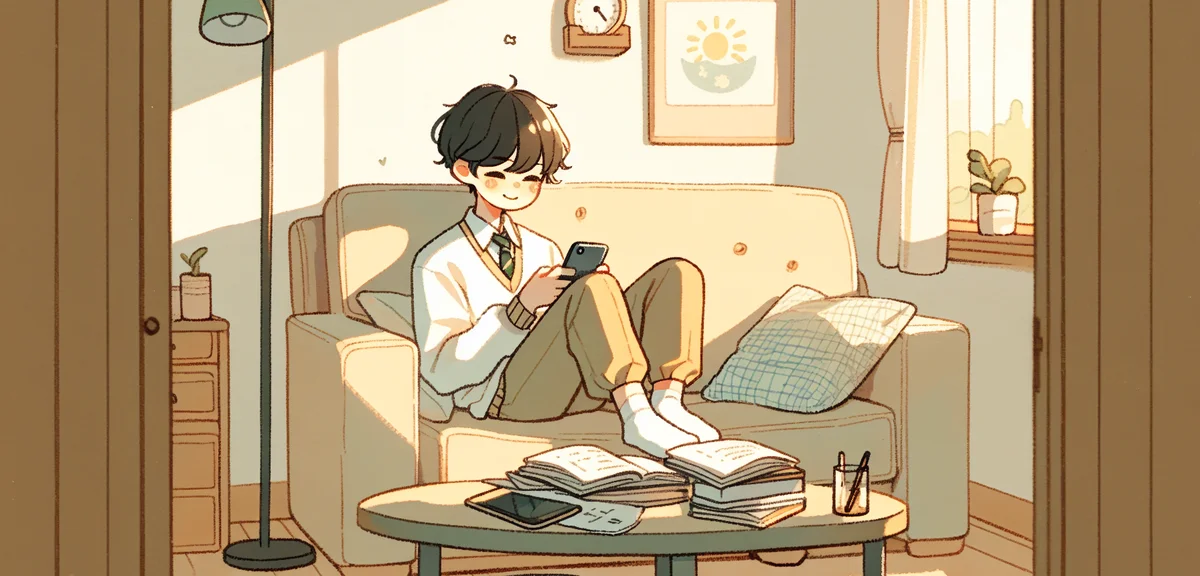 A Japanese teenager lying on a couch scrolling through a smartphone while homework books are scatter