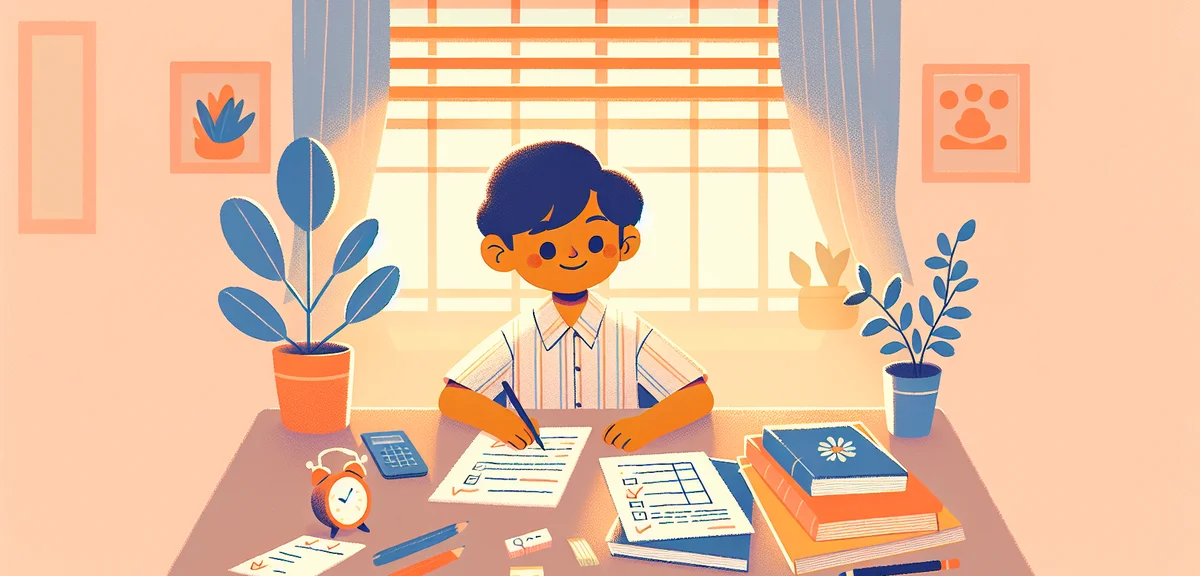 A Japanese student at a clean organized desk with a checklist and timer, sorting homework into prior