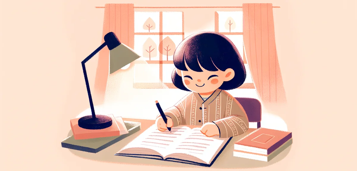 A Japanese child writing a book report at a desk with a book open beside them, concentrated expressi
