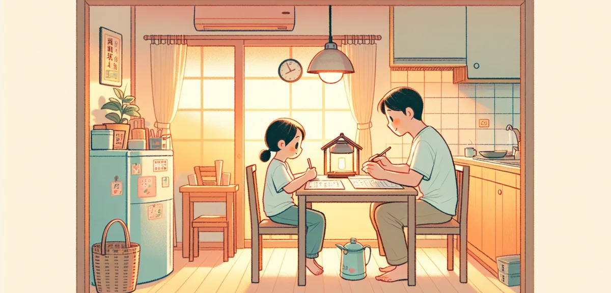 A Japanese parent and child working together on summer homework at a kitchen table, supportive atmos