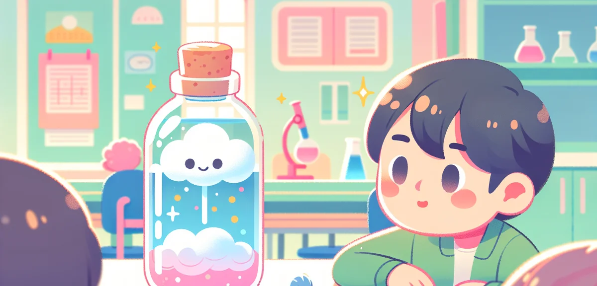 A close-up of a homemade cloud forming inside a clear plastic bottle experiment, with a junior high