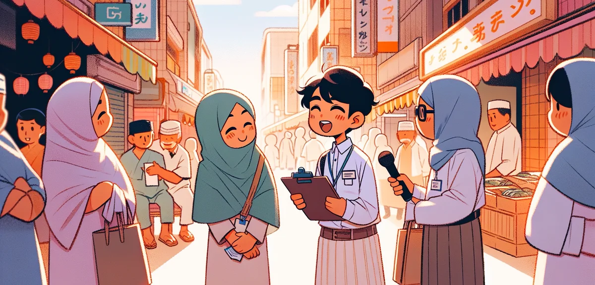 A Japanese junior high school student conducting a street interview in a Japanese shopping district