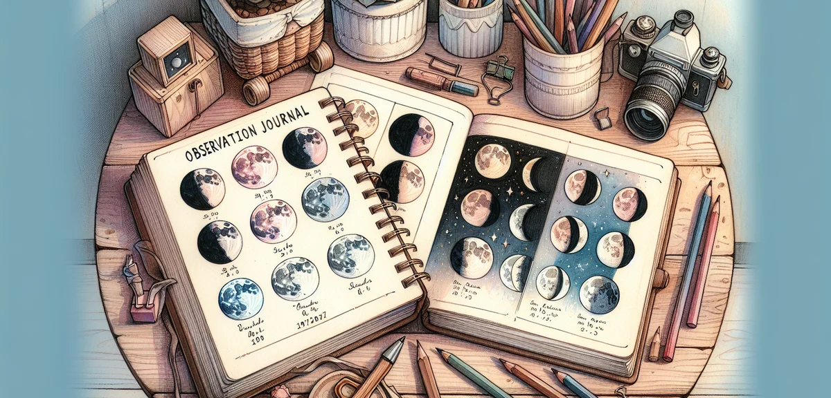 A detailed observation journal showing moon phases sketched by hand over several weeks, with colored