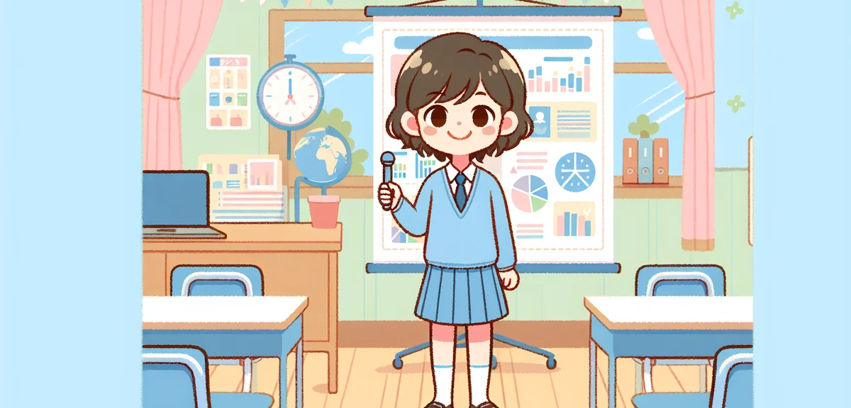 A junior high student proudly presenting a completed research report with charts, graphs, and photos