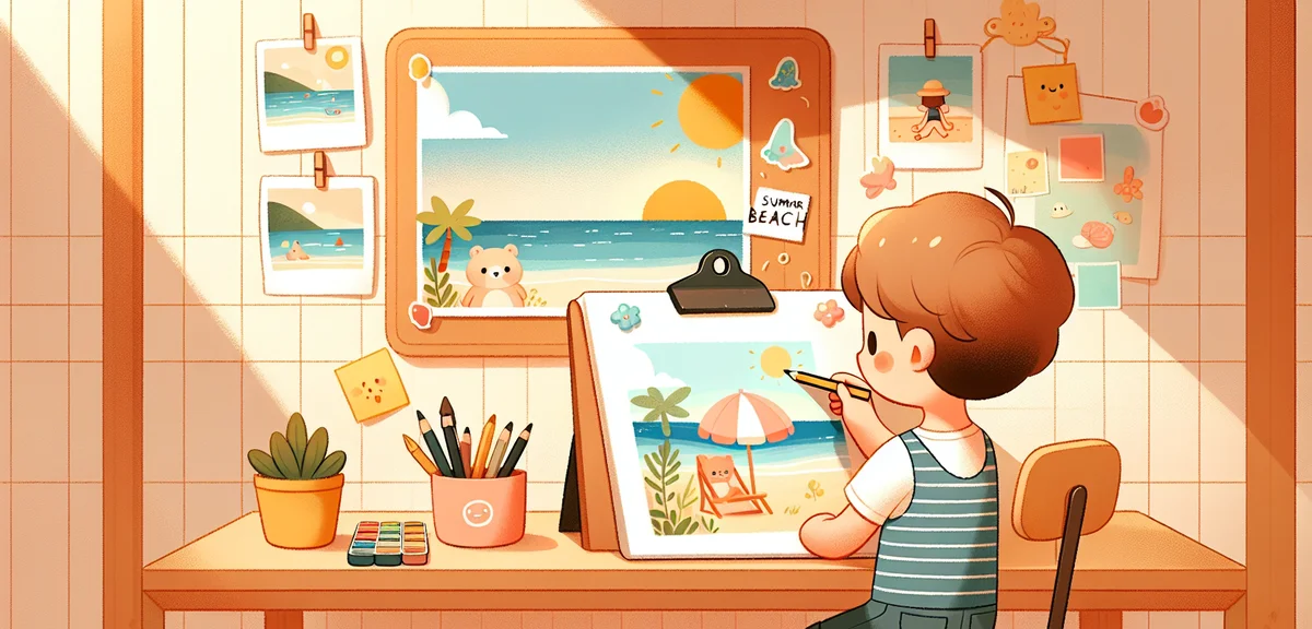 A young elementary school child sitting at a desk sketching a summer beach scene with pencil, refere