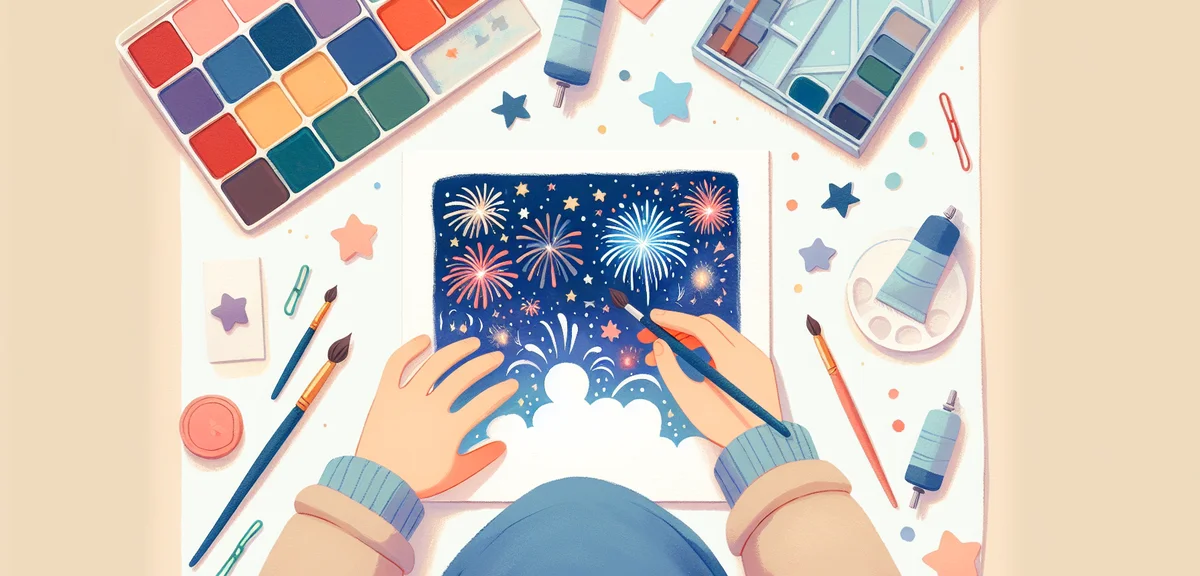 Close-up of a child's hands painting a fireworks night sky scene with watercolors, vibrant blues and