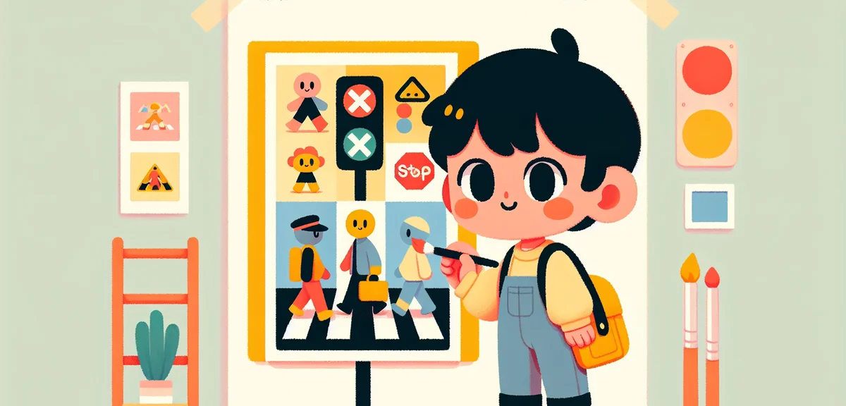 A child carefully painting a traffic safety poster with bright acrylic paints, showing a crosswalk s